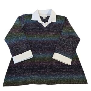 Notations Blouse Top Womens Multicolor L Striped Collared 3/4 Sleeve V‎ Neck